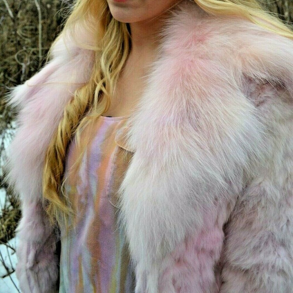 Vintage pink Peach white Rabbit fur coat white Fox Collar dyed small medium L